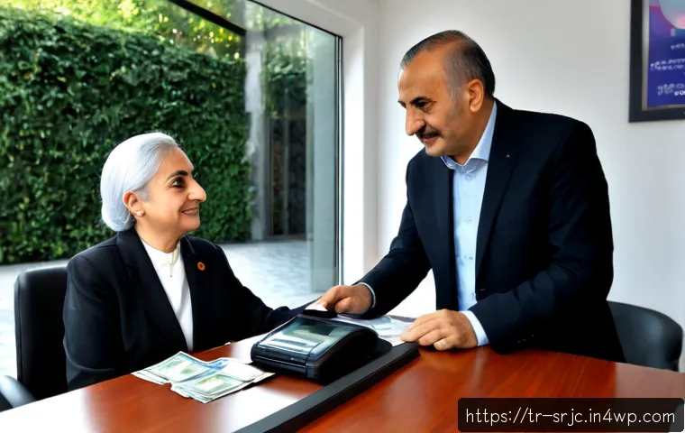 Home 17 서비스화 사례 금융 서비스 산업 - Photorealistic Turkish bank service scene, a friendly financial advisor in modest professional attir...